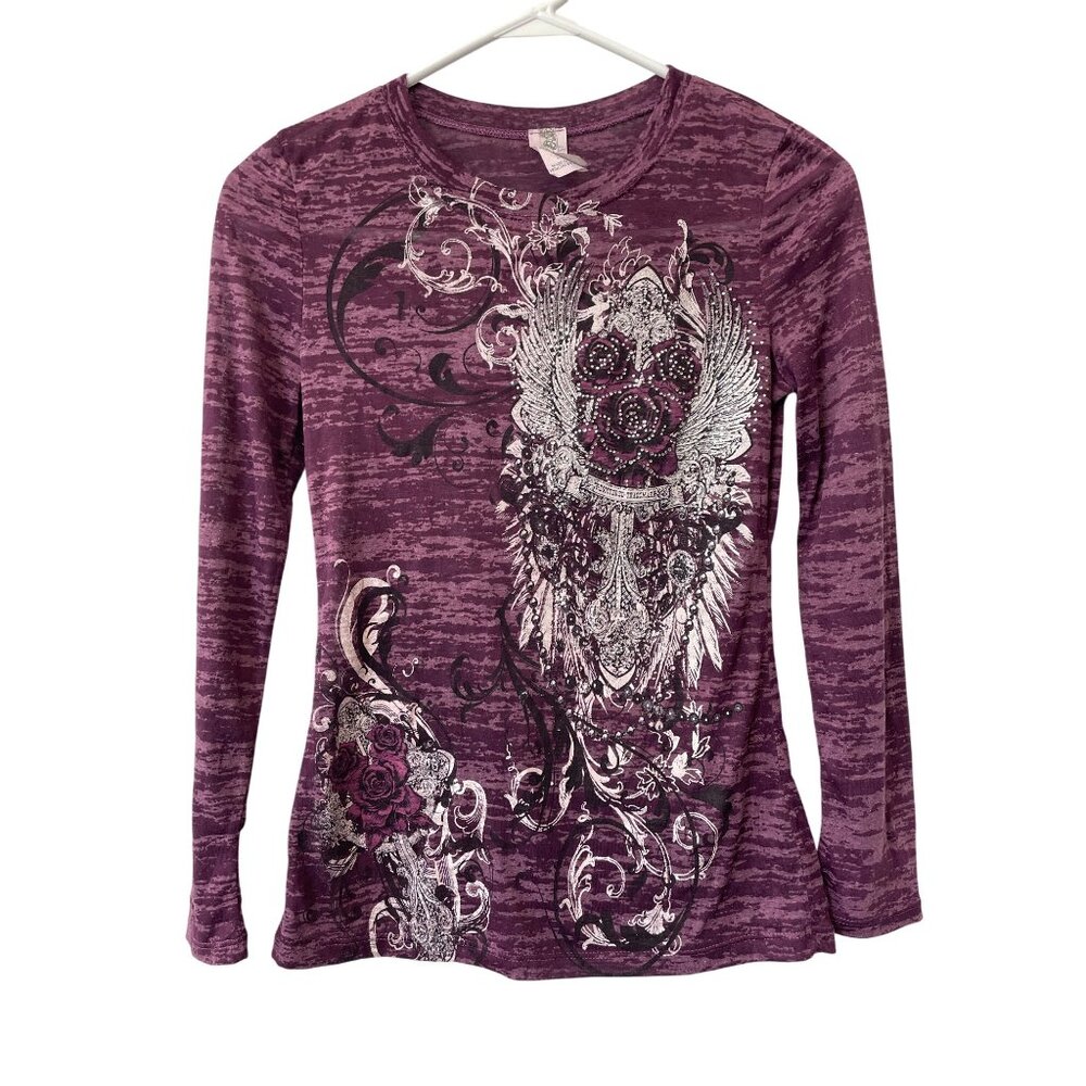 NIB Burnout Top Size Small Crewneck Rhinestone Embellished Angel Wing Tee Grunge
